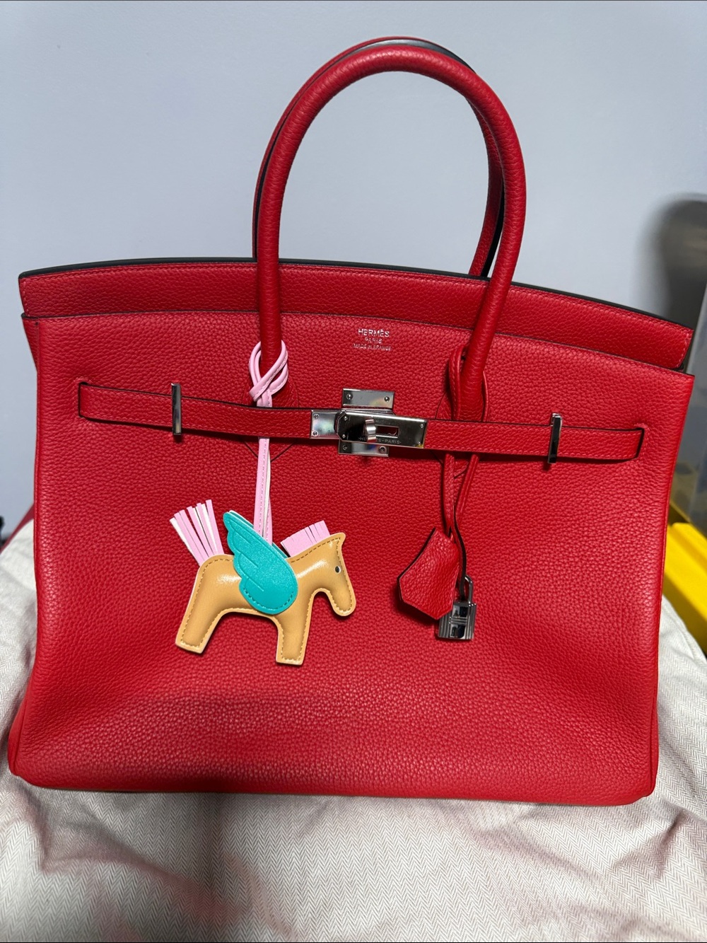 Red Leather Tote Bag with Charm Size 35